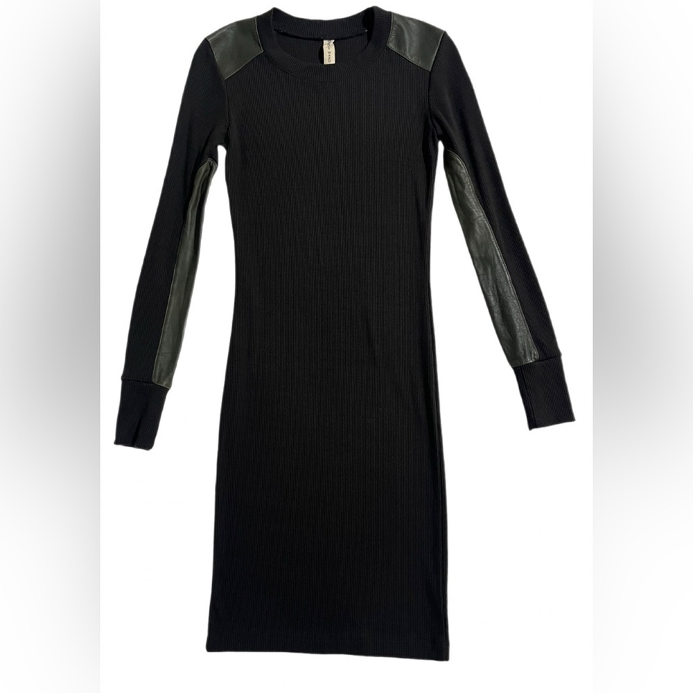 MAGGIE WARD Ribbed Long Sleeve Leather Detail Body Con Dress- S
